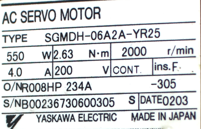 Yaskawa Motoman AC Servomotor SGMDH-06A2A-YR25